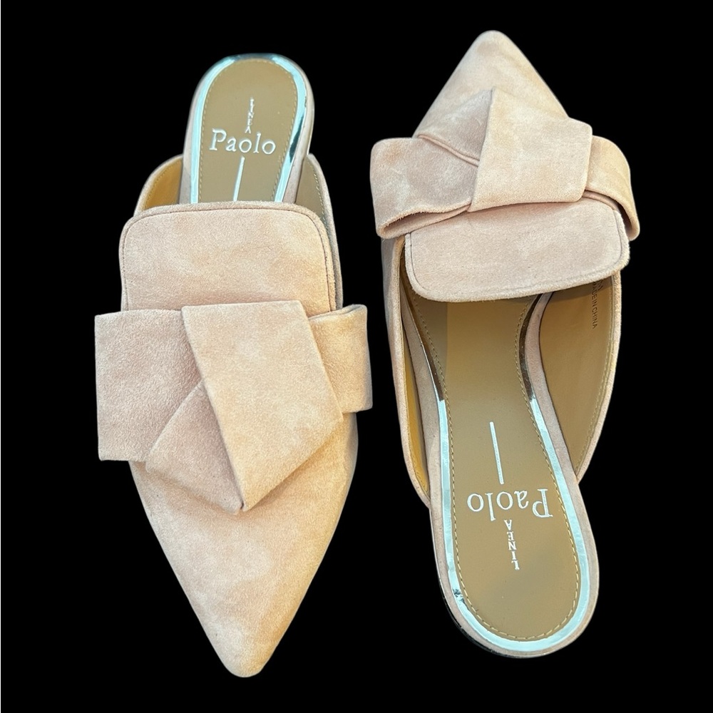 ๐ธ Linea Paolo Pink Suede Bow Mules | Silver Heel | Size 6 - Picture 1 of 7